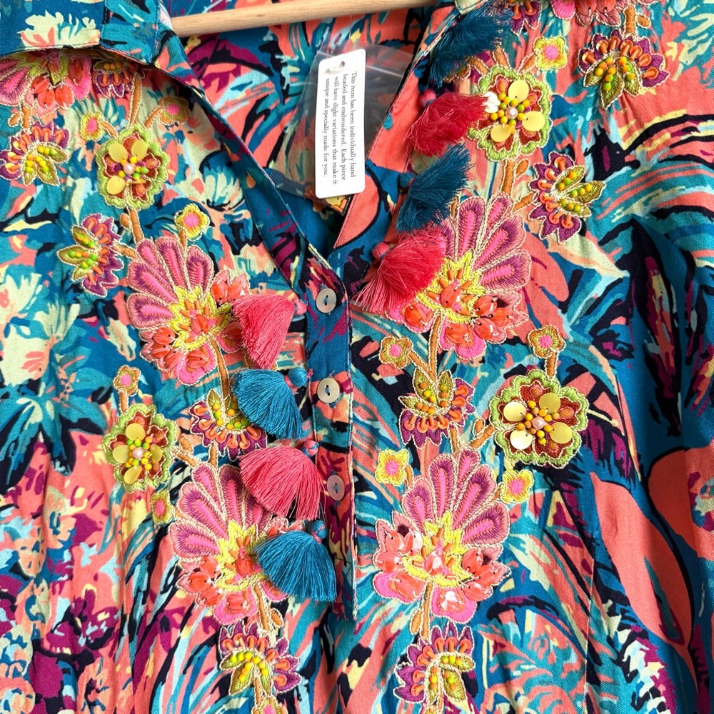Soft Surroundings Florence Boho Tropical Shirt Dress Embroidered Beaded Tassel L - Picture 5 of 12